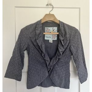 Tabitha Anthropologie Blue Jacket Eyelet‎ Ruffle Open Front Sz 4